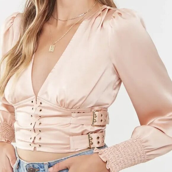 Forever 21 Tops - FOREVER 21 Satin Lace-Up Buckle Top L Blush Champagne Tan Nude Puff Sleeves